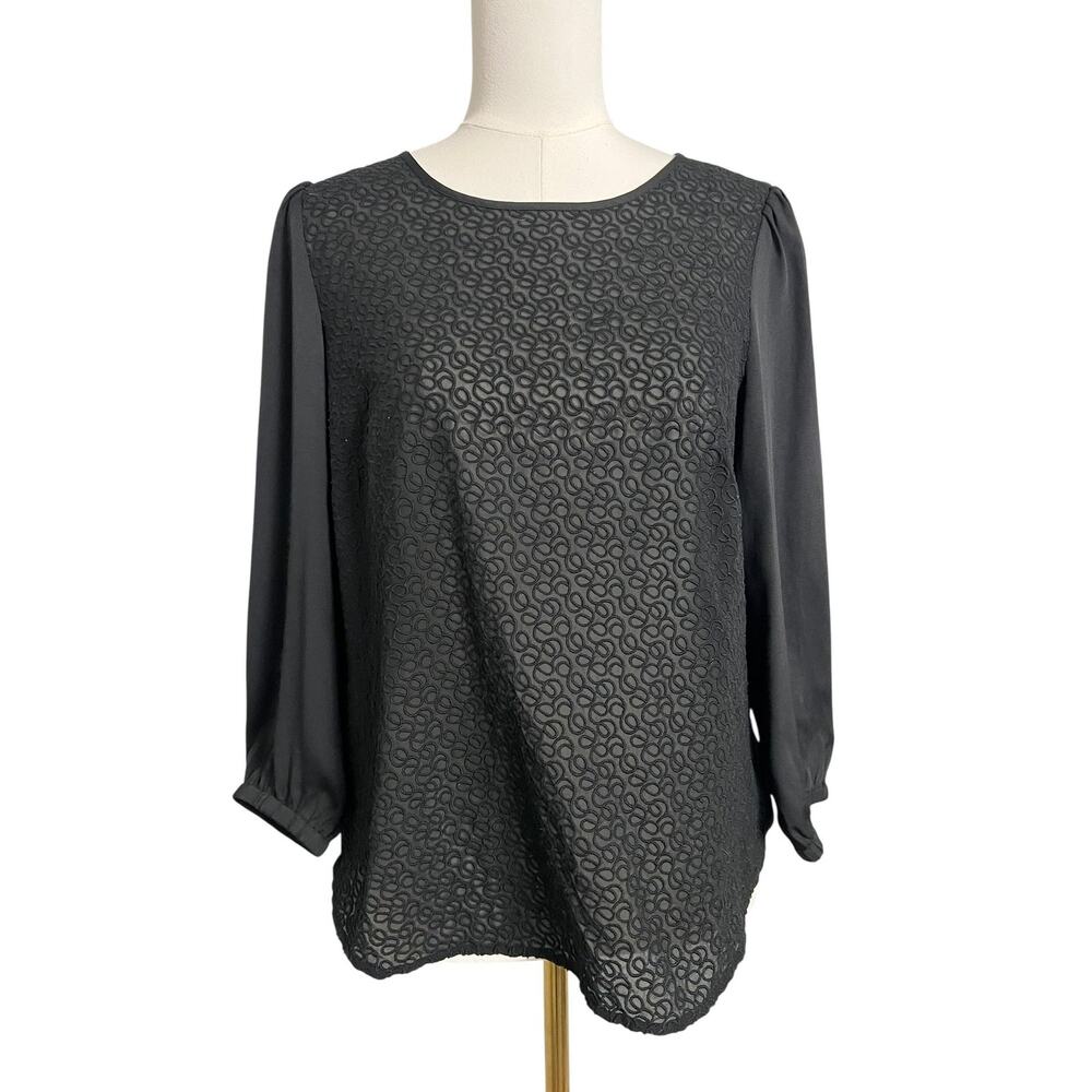 LOFT Blouse Womens Small Black Embroidered Long Sleeve Chiffon Keyhole Top